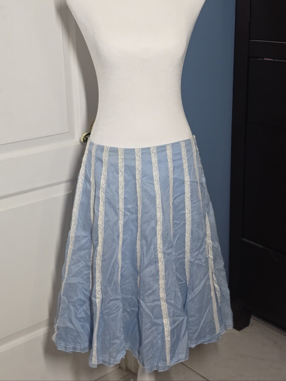 Ermanno Scervino Tiered Midi Skirt Sz 46 30" Blue Cotton Layered Lace Ribbons